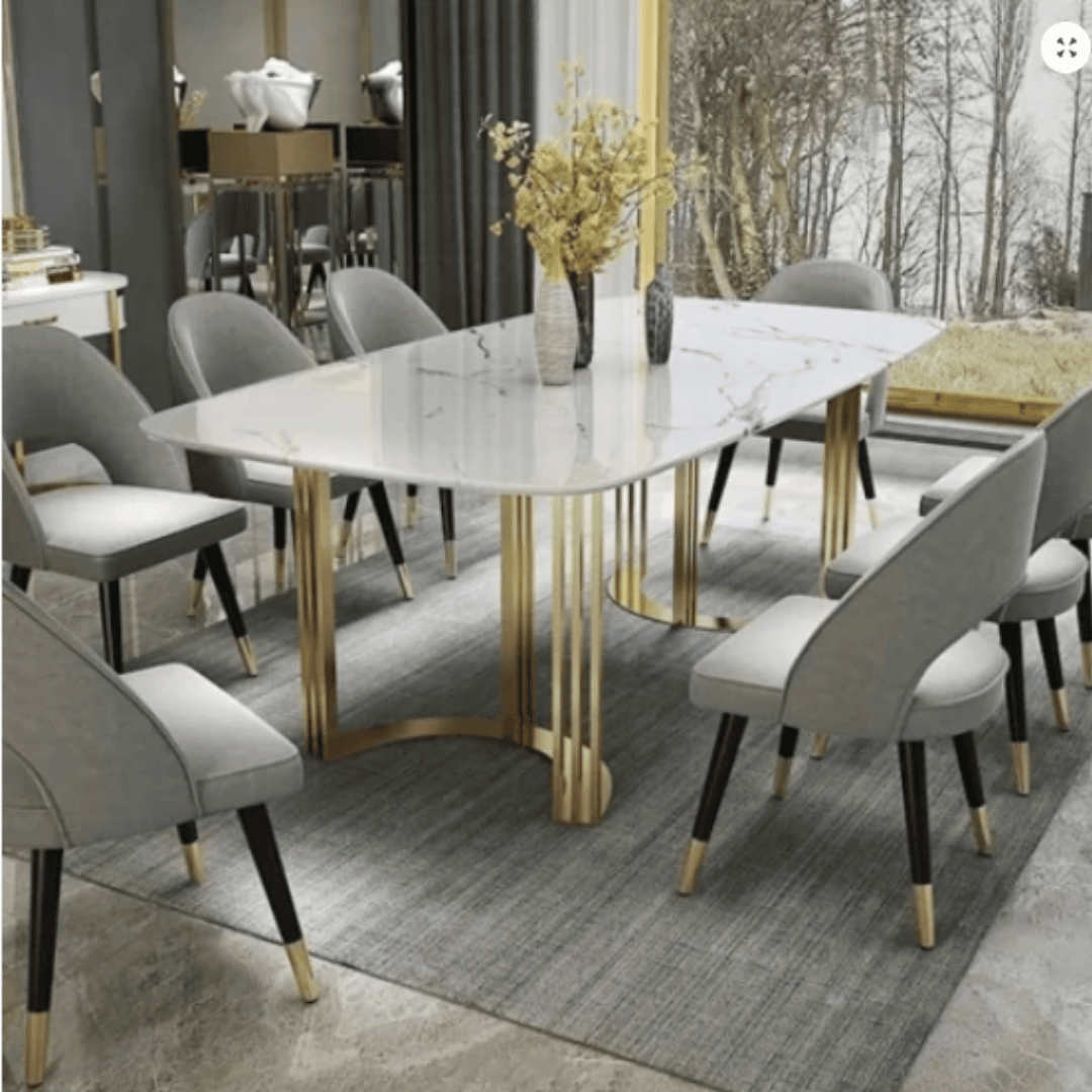 Luxury Marble Dining Table Set with Gold Metal Base 1 https://jaipurinteriorstudio.com/