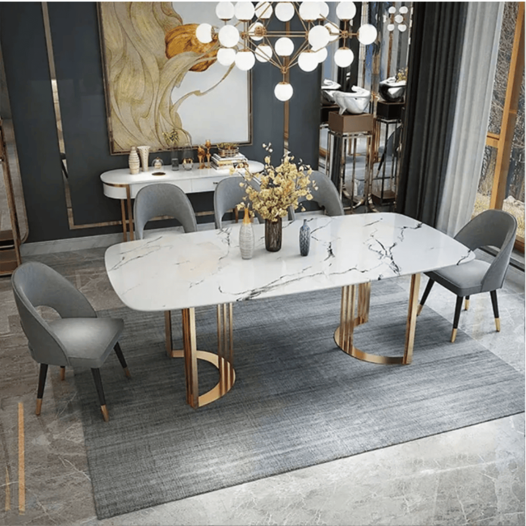 Luxury Marble Dining Table Set with Gold Metal Base 2 https://jaipurinteriorstudio.com/