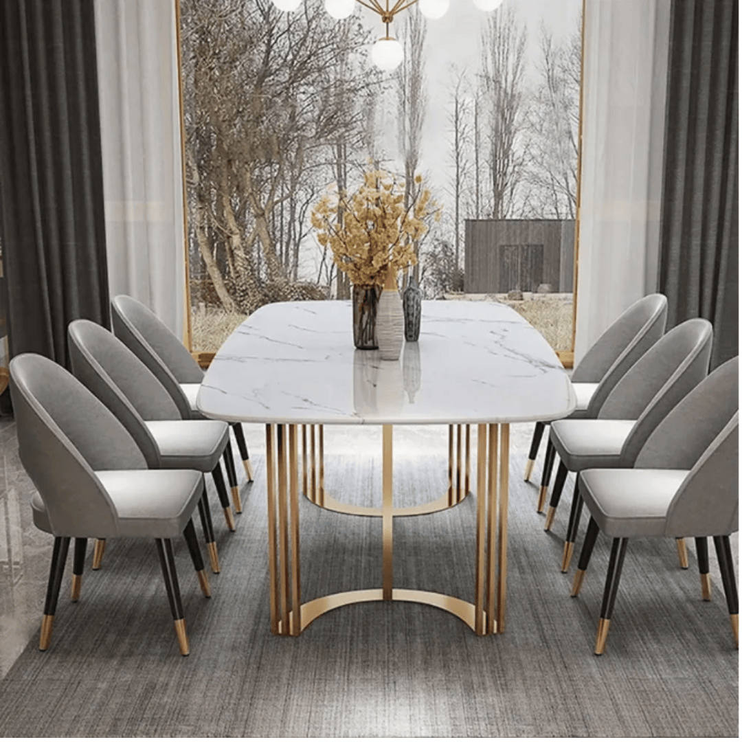 Luxury Marble Dining Table Set with Gold Metal Base 3 https://jaipurinteriorstudio.com/