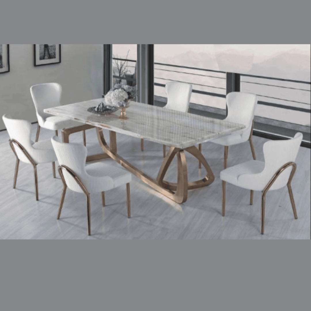 Luxury 6-Seater Marble Dining Table Set with Golden Steel Base and Designer Ergonomic Chairs 1