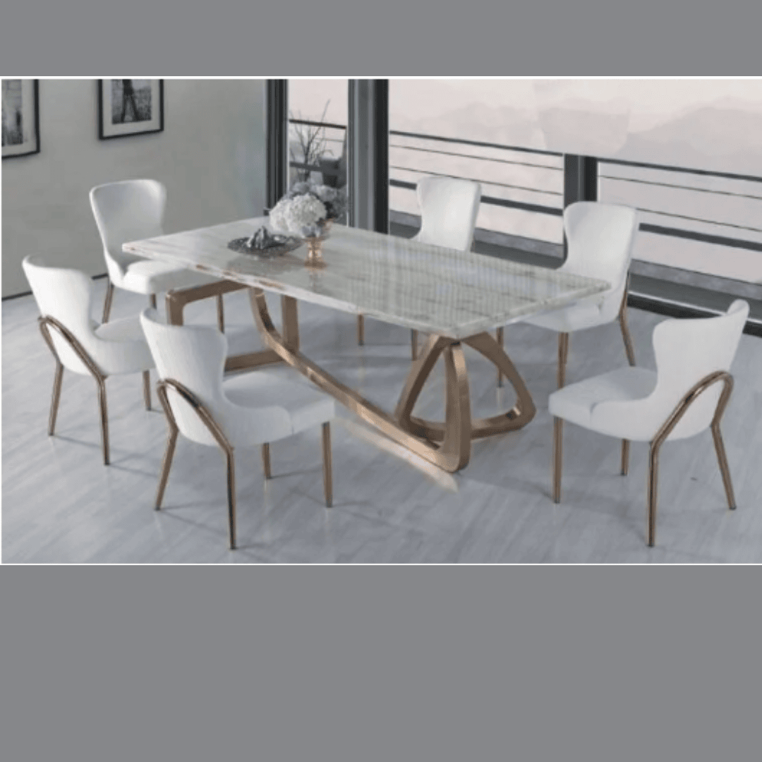 Luxury 6-Seater Marble Dining Table Set with Golden Steel Base and Designer Ergonomic Chairs 2