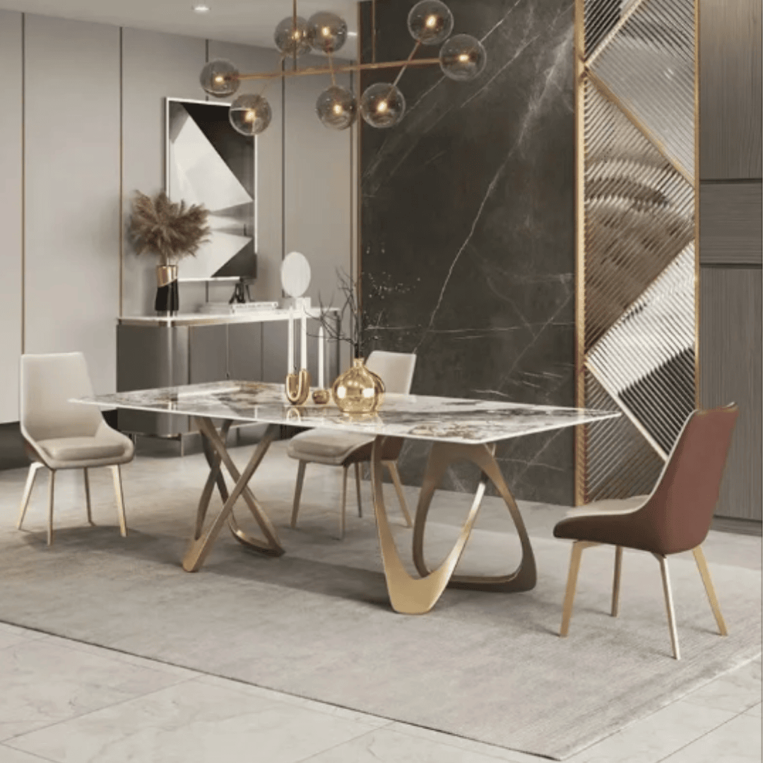 Designer Marble Dining Table with Glossy Grey Finish and Artistic Gold Steel Frame 9