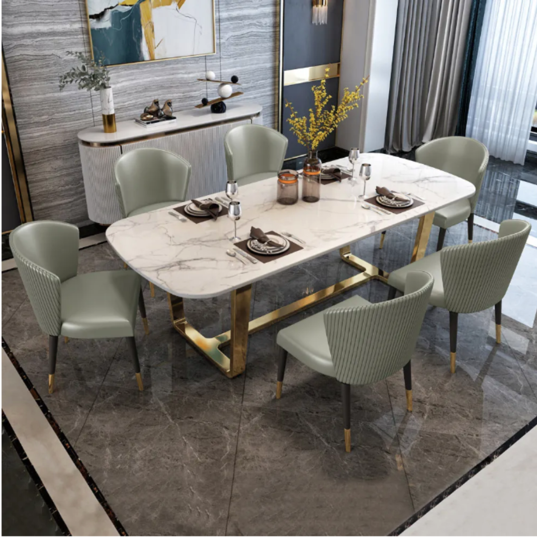 Modern Dining Table With Upholstered Chairs and Mettal Base and Marble Top 1
