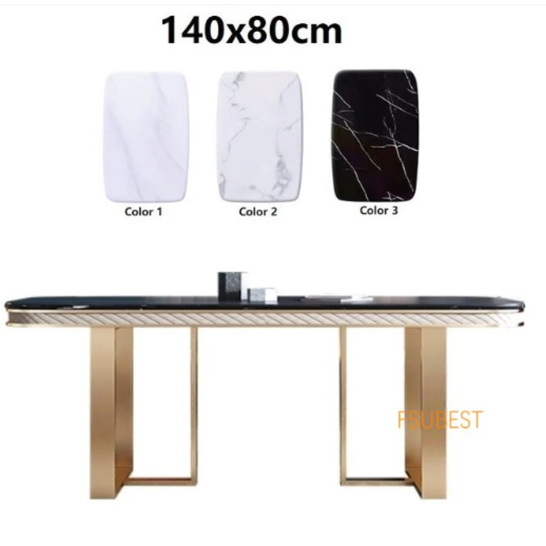 The Luxury Black Marble Dining Table Set is a masterpiece of modern elegance and timeless design. It features a premium black marble tabletop that exudes luxury, beautifully supported by a rectangular stainless steel base in a gold finish that adds a glamorous touch. The contrast of dark marble with gleaming gold metal creates a dramatic yet refined look — ideal for upscale interiors. This dining set is crafted not just for beauty but also for durability, making it perfect for both everyday dining and special occasions. The table is available with matching upholstered or leatherette chairs, and customization options are offered for marble tone, frame finish, and chair style, allowing you to personalize it to suit your space perfectly.6