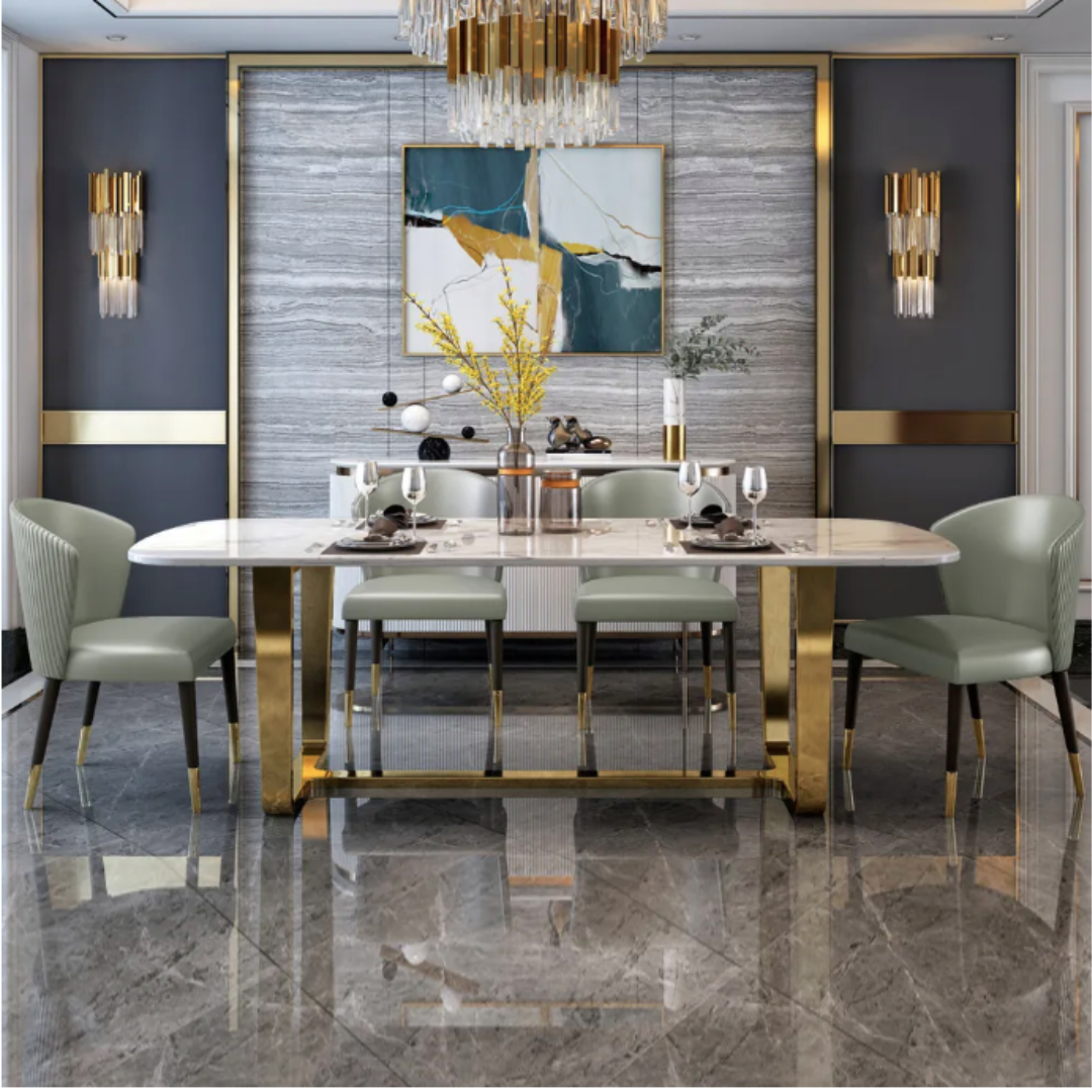 Modern Dining Table With Upholstered Chairs and Mettal Base and Marble Top - Image 3