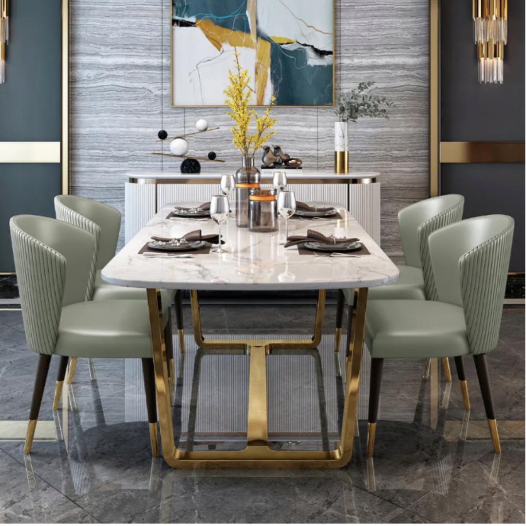 Modern Dining Table With Upholstered Chairs and Mettal Base and Marble Top - Image 2