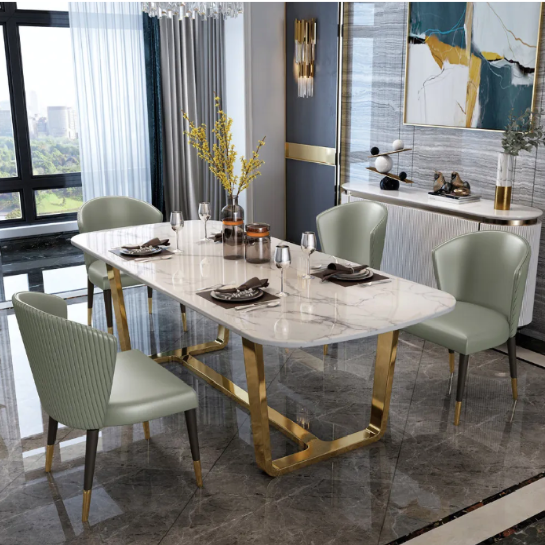 Modern Dining Table With Upholstered Chairs and Mettal Base and Marble Top - Image 5