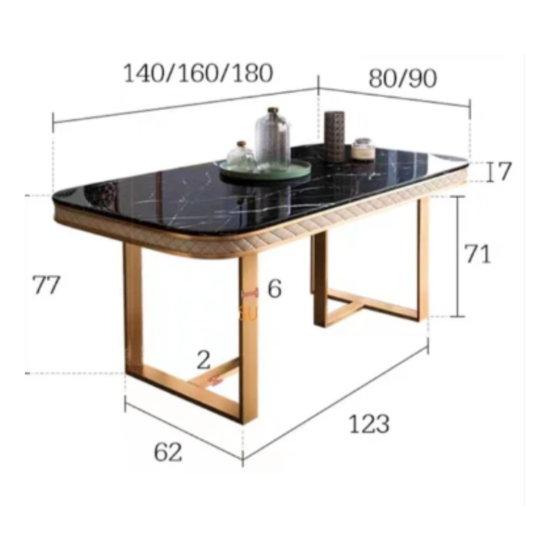 The Luxury Black Marble Dining Table Set is a masterpiece of modern elegance and timeless design. It features a premium black marble tabletop that exudes luxury, beautifully supported by a rectangular stainless steel base in a gold finish that adds a glamorous touch. The contrast of dark marble with gleaming gold metal creates a dramatic yet refined look — ideal for upscale interiors. This dining set is crafted not just for beauty but also for durability, making it perfect for both everyday dining and special occasions. The table is available with matching upholstered or leatherette chairs, and customization options are offered for marble tone, frame finish, and chair style, allowing you to personalize it to suit your space perfectly.4
