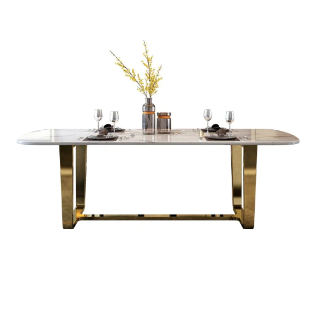 Modern Dining Table With Upholstered Chairs and Mettal Base and Marble Top - Image 7
