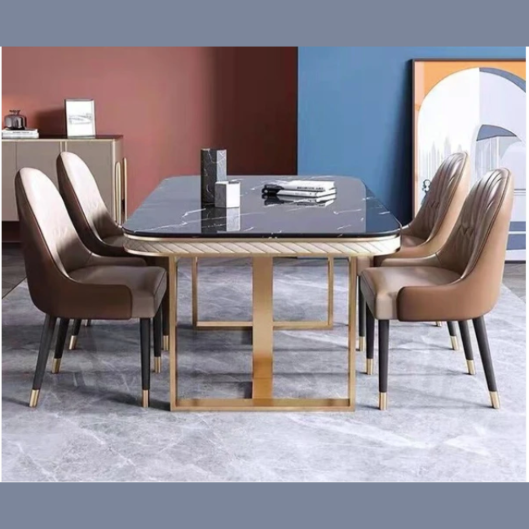The Luxury Black Marble Dining Table Set is a masterpiece of modern elegance and timeless design. It features a premium black marble tabletop that exudes luxury, beautifully supported by a rectangular stainless steel base in a gold finish that adds a glamorous touch. The contrast of dark marble with gleaming gold metal creates a dramatic yet refined look — ideal for upscale interiors. This dining set is crafted not just for beauty but also for durability, making it perfect for both everyday dining and special occasions. The table is available with matching upholstered or leatherette chairs, and customization options are offered for marble tone, frame finish, and chair style, allowing you to personalize it to suit your space perfectly. 1