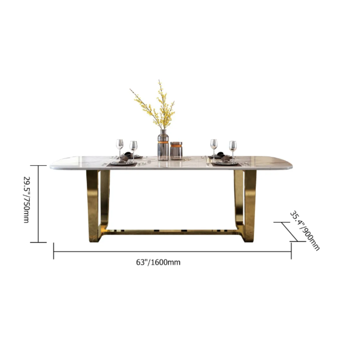 The Luxury Black Marble Dining Table Set is a masterpiece of modern elegance and timeless design. It features a premium black marble tabletop that exudes luxury, beautifully supported by a rectangular stainless steel base in a gold finish that adds a glamorous touch. The contrast of dark marble with gleaming gold metal creates a dramatic yet refined look — ideal for upscale interiors. This dining set is crafted not just for beauty but also for durability, making it perfect for both everyday dining and special occasions. The table is available with matching upholstered or leatherette chairs, and customization options are offered for marble tone, frame finish, and chair style, allowing you to personalize it to suit your space perfectly.8