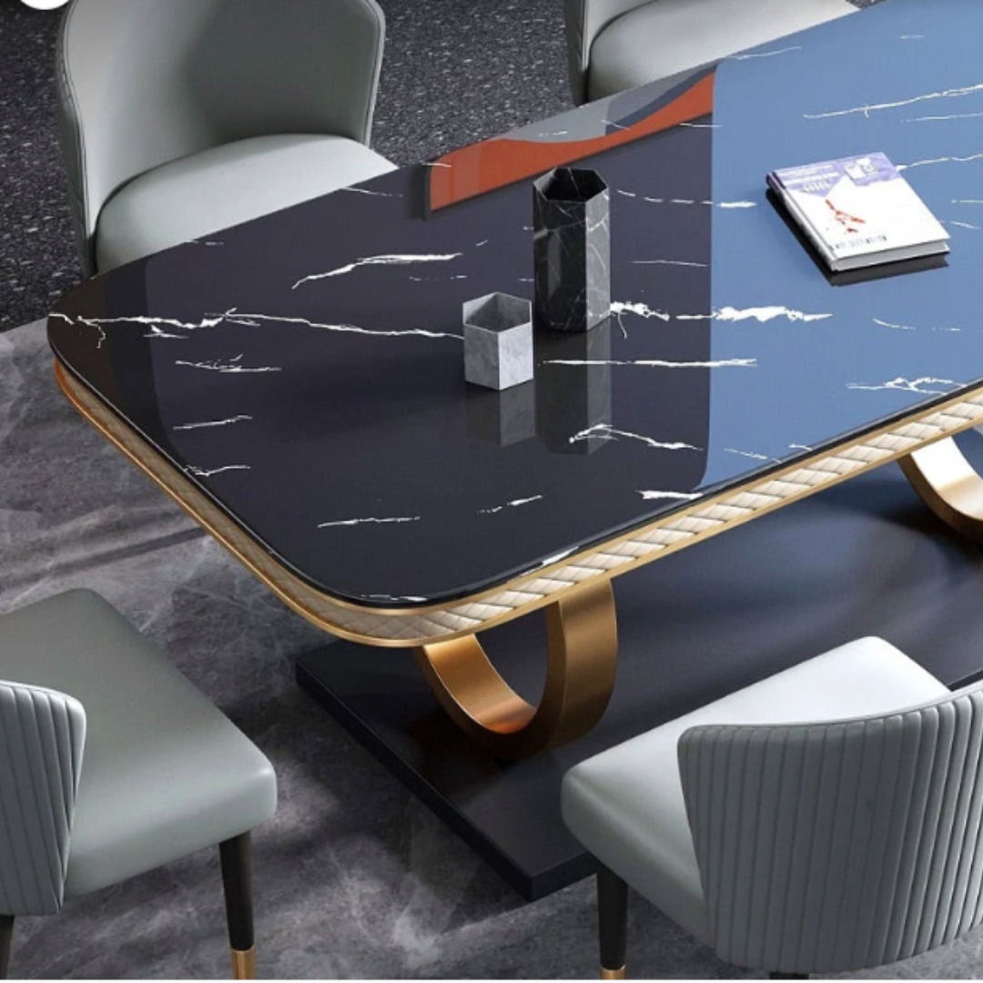 Splendid Steel and Golden Mettal Construct Marble Dining Table 7